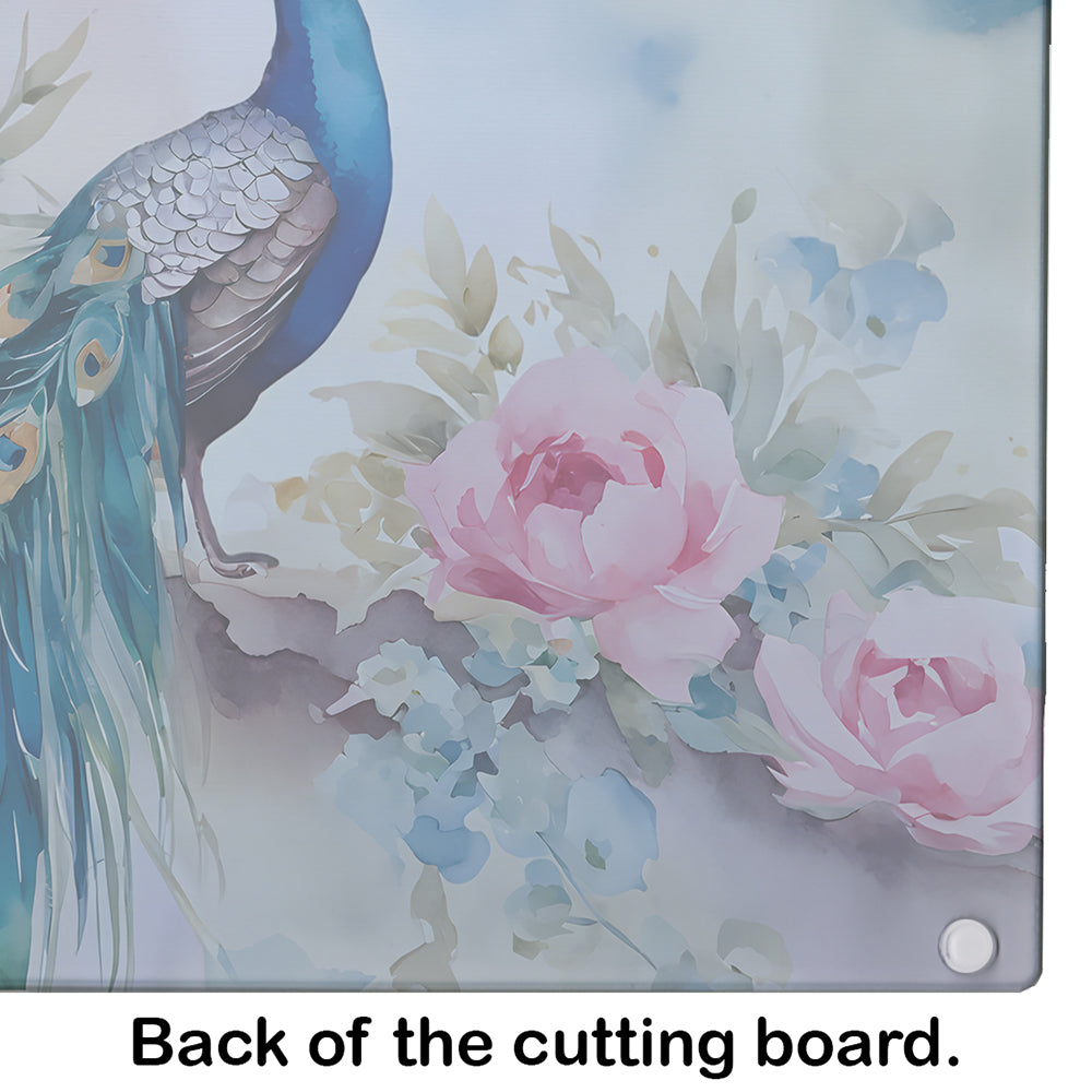 Peacock with Pink Flowers Elegant Cutting Board Tempered Glass Kitchen Cutting Surface, Heat Resistant Chopping, Non-Slip Feet, Food Prep & Serving