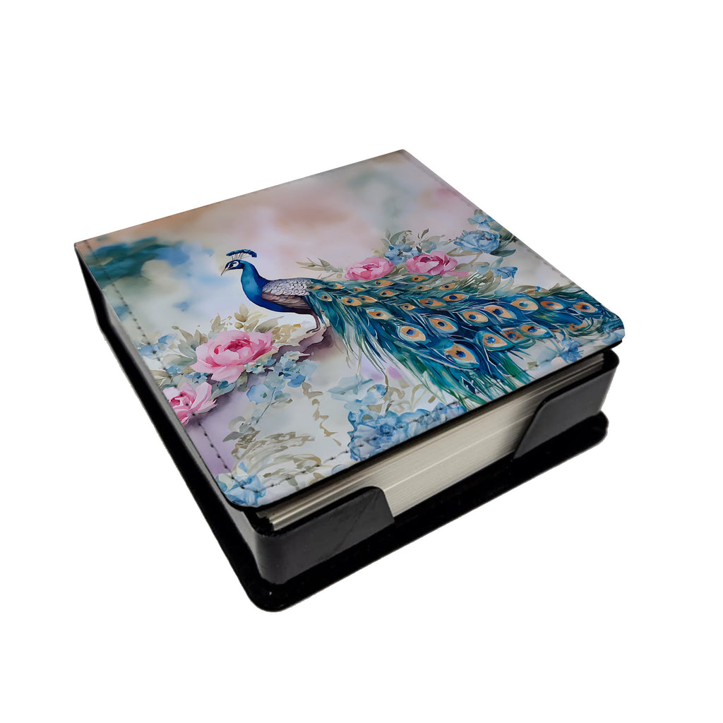 Peacock with Pink Flowers Elegant PU Leather Note Paper Holder with Artist-Designed Cover, Desk Accessory, Office Gift