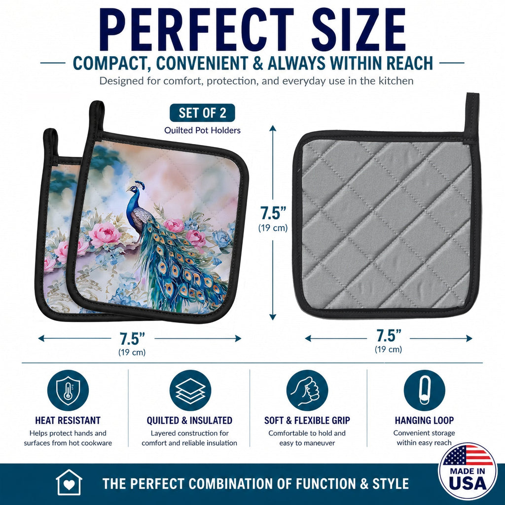 Peacock with Pink Flowers Elegant Pot Holder Set of 2 Heat Resistant Quilted Hot Pads 7.5 x 7.5 Inch, Insulated Kitchen Trivets for Cooking & Baking
