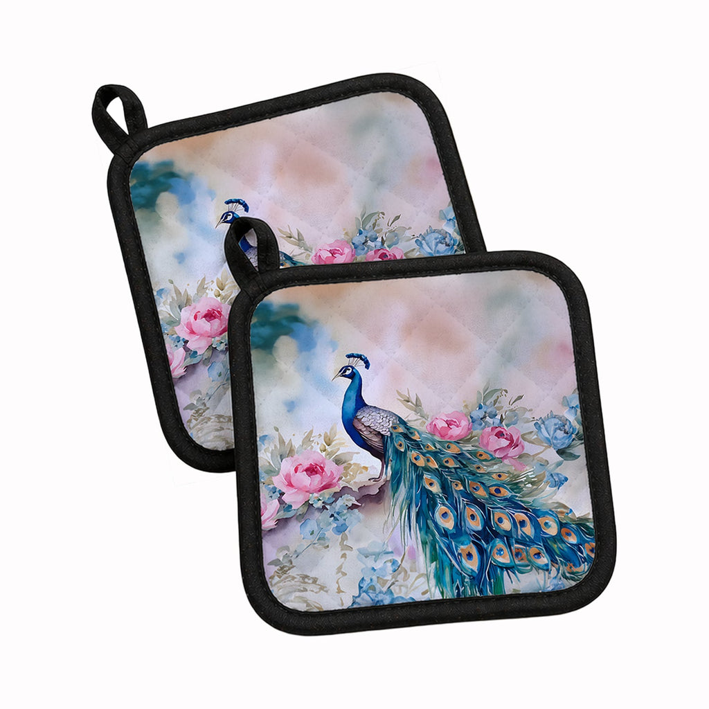 Peacock with Pink Flowers Elegant Pot Holder Set of 2 Heat Resistant Quilted Hot Pads 7.5 x 7.5 Inch, Insulated Kitchen Trivets for Cooking & Baking
