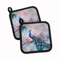 Peacock with Pink Flowers Elegant Pot Holder Set of 2 Heat Resistant Quilted Hot Pads 7.5 x 7.5 Inch, Insulated Kitchen Trivets for Cooking & Baking