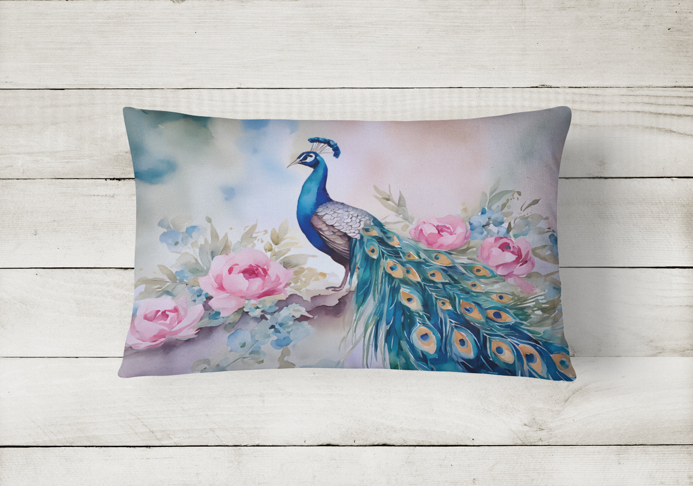 Peacock with Pink Flowers Elegant Decorative Throw Pillow 12x16 Indoor Outdoor Accent Cushion, Fabric Cover with Insert for Sofa, Bed, Porch & Living Room