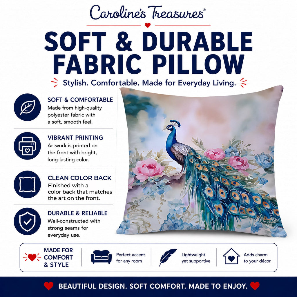 Peacock with Pink Flowers Elegant Decorative Throw Pillow 18x18 Indoor Outdoor Accent Cushion, Fabric Cover with Insert for Sofa, Bed, Porch & Living Room