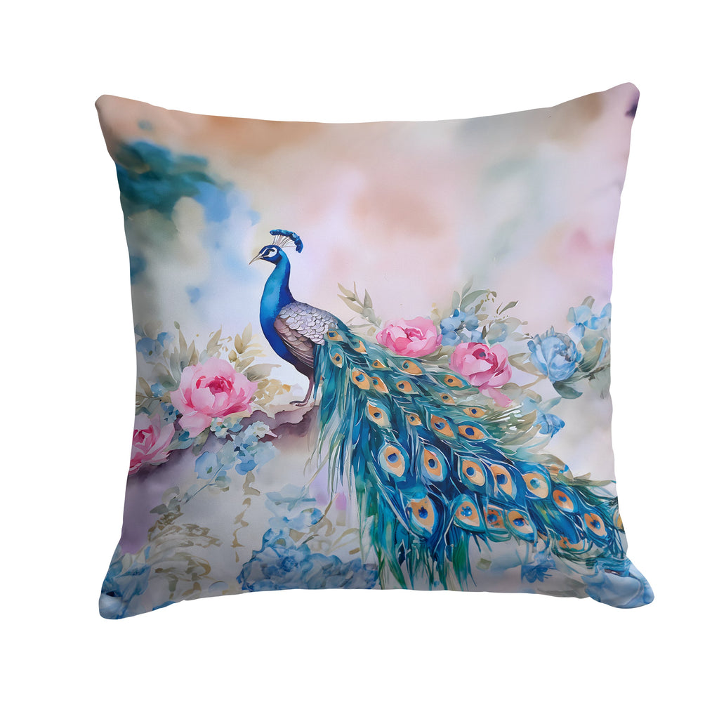 Peacock with Pink Flowers Elegant Decorative Throw Pillow 18x18 Indoor Outdoor Accent Cushion, Fabric Cover with Insert for Sofa, Bed, Porch & Living Room