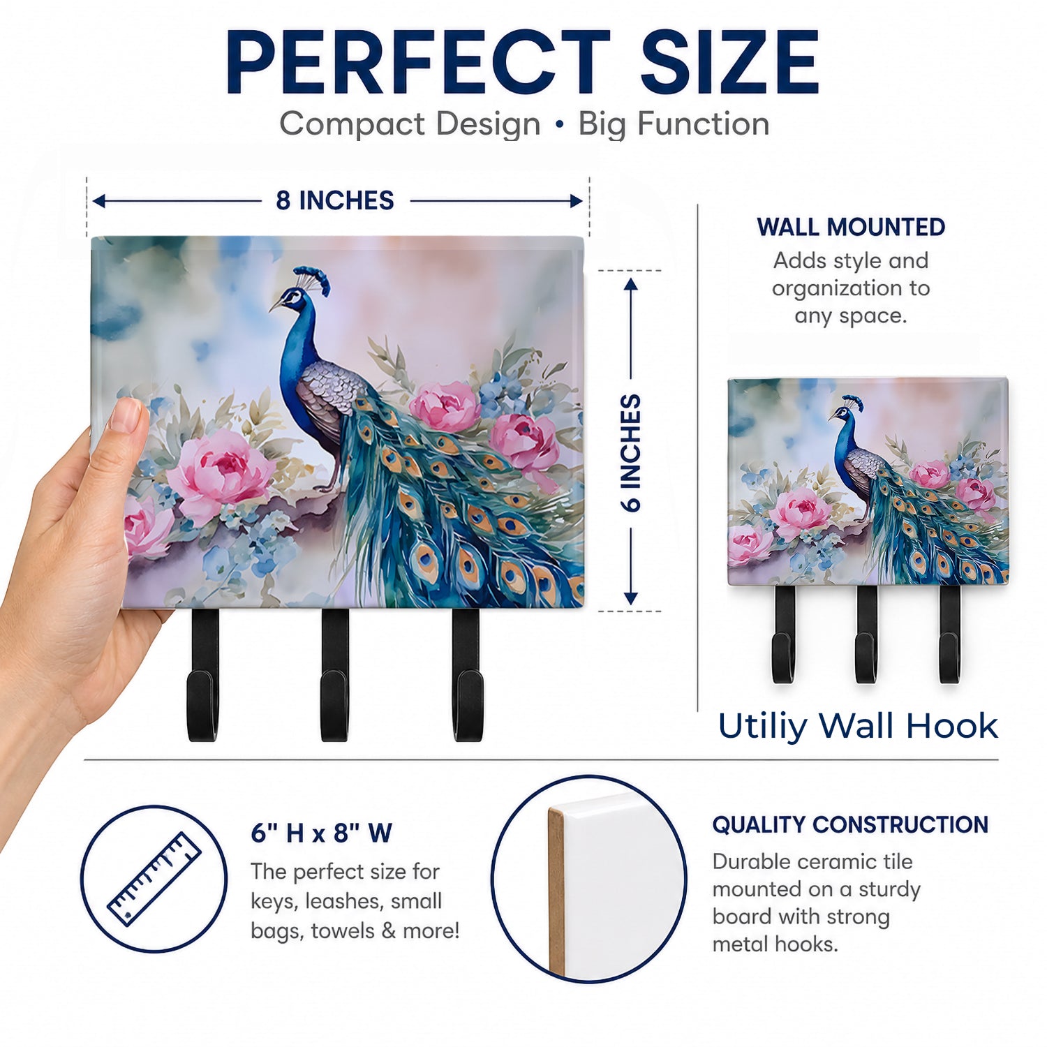 Peacock with Pink Flowers Elegant Leash or Key Holder Wall Hooks, Coat Rack Wall Mount, for Hanging Keys, Towels, Aprons, Leashes