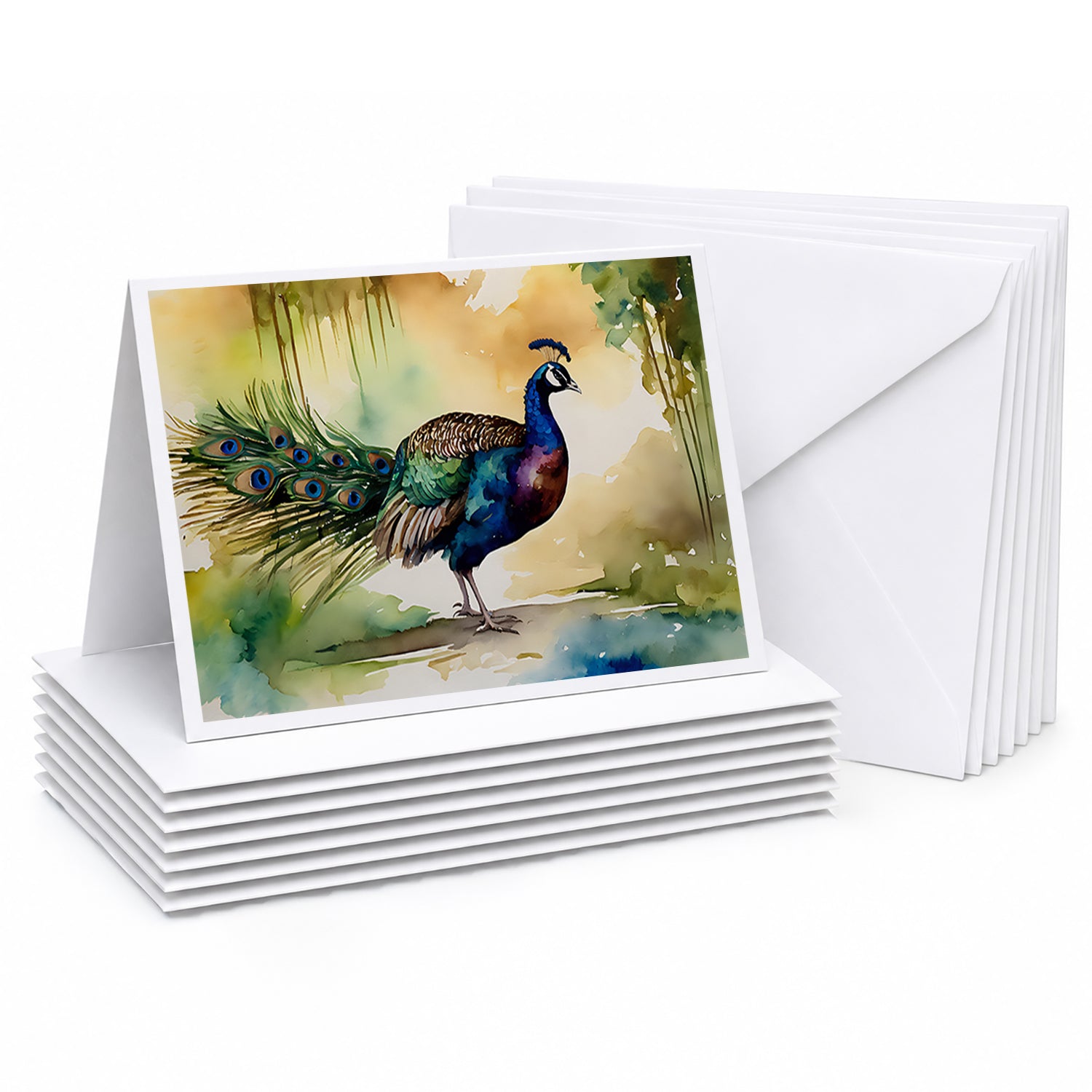 Peacock Walking Garden Scene Greeting Cards Pack of 8 Blank Cards with Envelopes Whimsical A7 Size 5x7