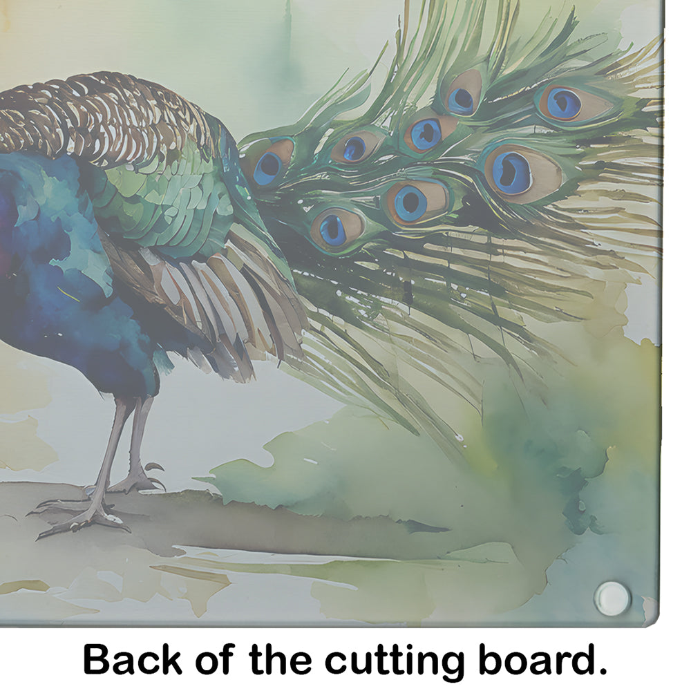 Peacock Walking Garden Scene Cutting Board Tempered Glass Kitchen Cutting Surface, Heat Resistant Chopping, Non-Slip Feet, Food Prep & Serving