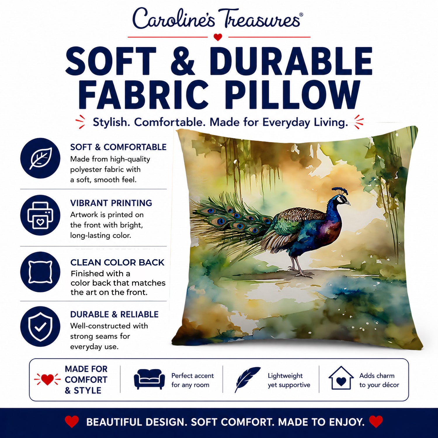 Peacock Walking Garden Scene Decorative Throw Pillow 14x14 Indoor Outdoor Accent Cushion, Fabric Cover with Insert for Sofa, Bed, Porch & Living Room