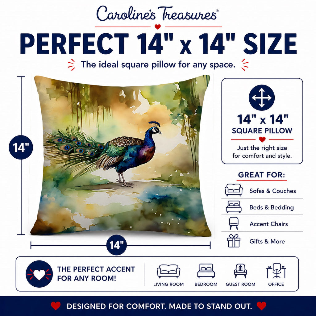 Peacock Walking Garden Scene Decorative Throw Pillow 14x14 Indoor Outdoor Accent Cushion, Fabric Cover with Insert for Sofa, Bed, Porch & Living Room