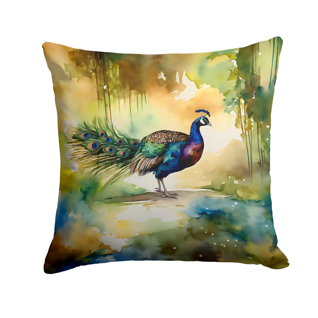 Peacock Walking Garden Scene Decorative Throw Pillow 14x14 Indoor Outdoor Accent Cushion, Fabric Cover with Insert for Sofa, Bed, Porch & Living Room