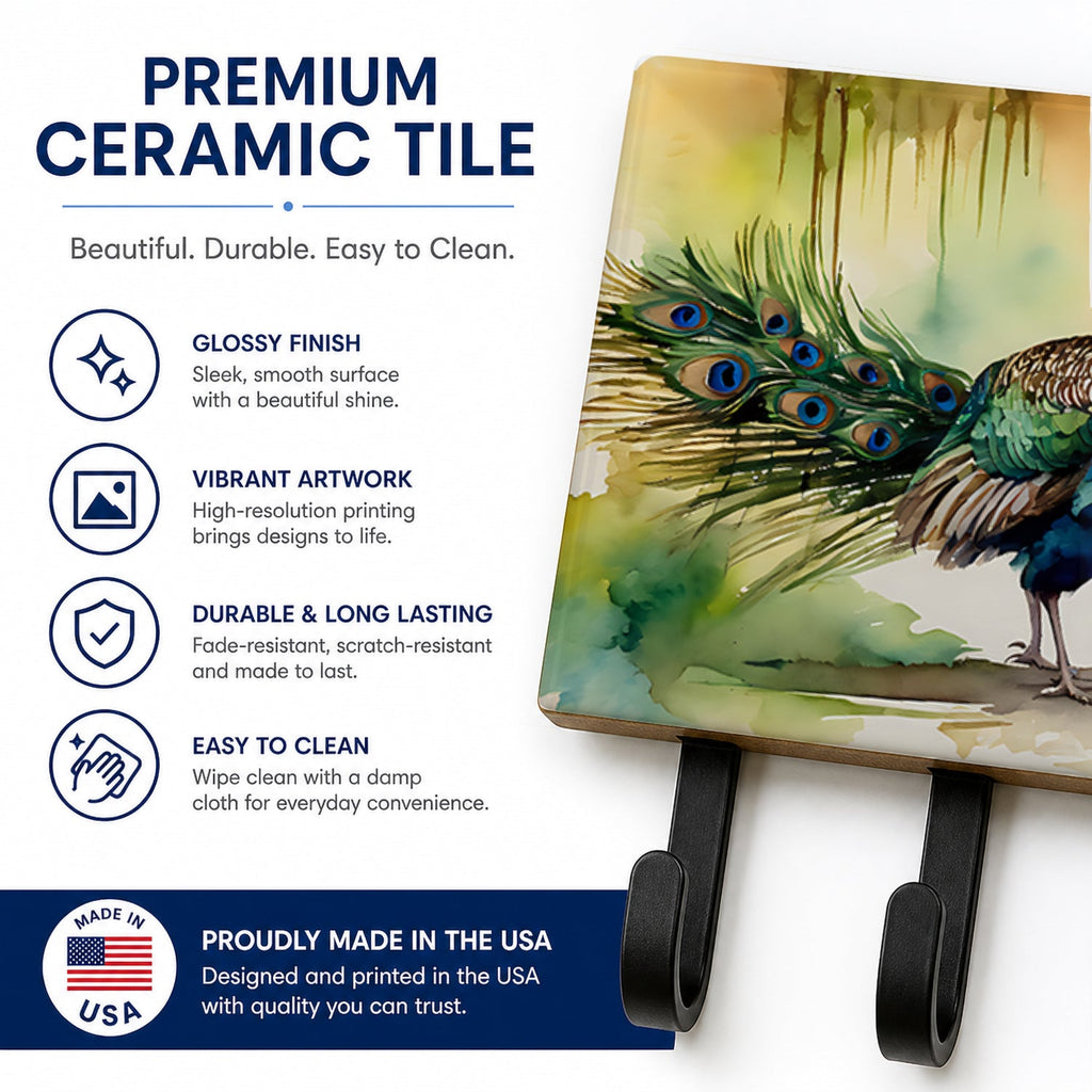 Peacock Walking Garden Scene Leash or Key Holder Wall Hooks, Coat Rack Wall Mount, for Hanging Keys, Towels, Aprons, Leashes