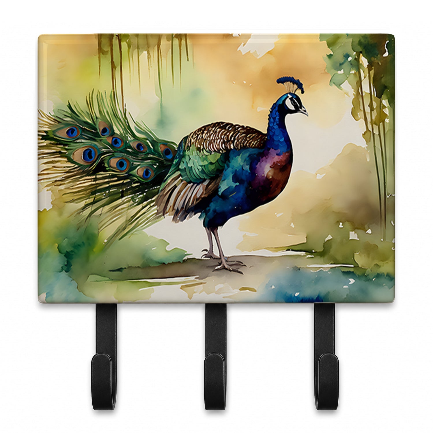 Peacock Walking Garden Scene Leash or Key Holder Wall Hooks, Coat Rack Wall Mount, for Hanging Keys, Towels, Aprons, Leashes