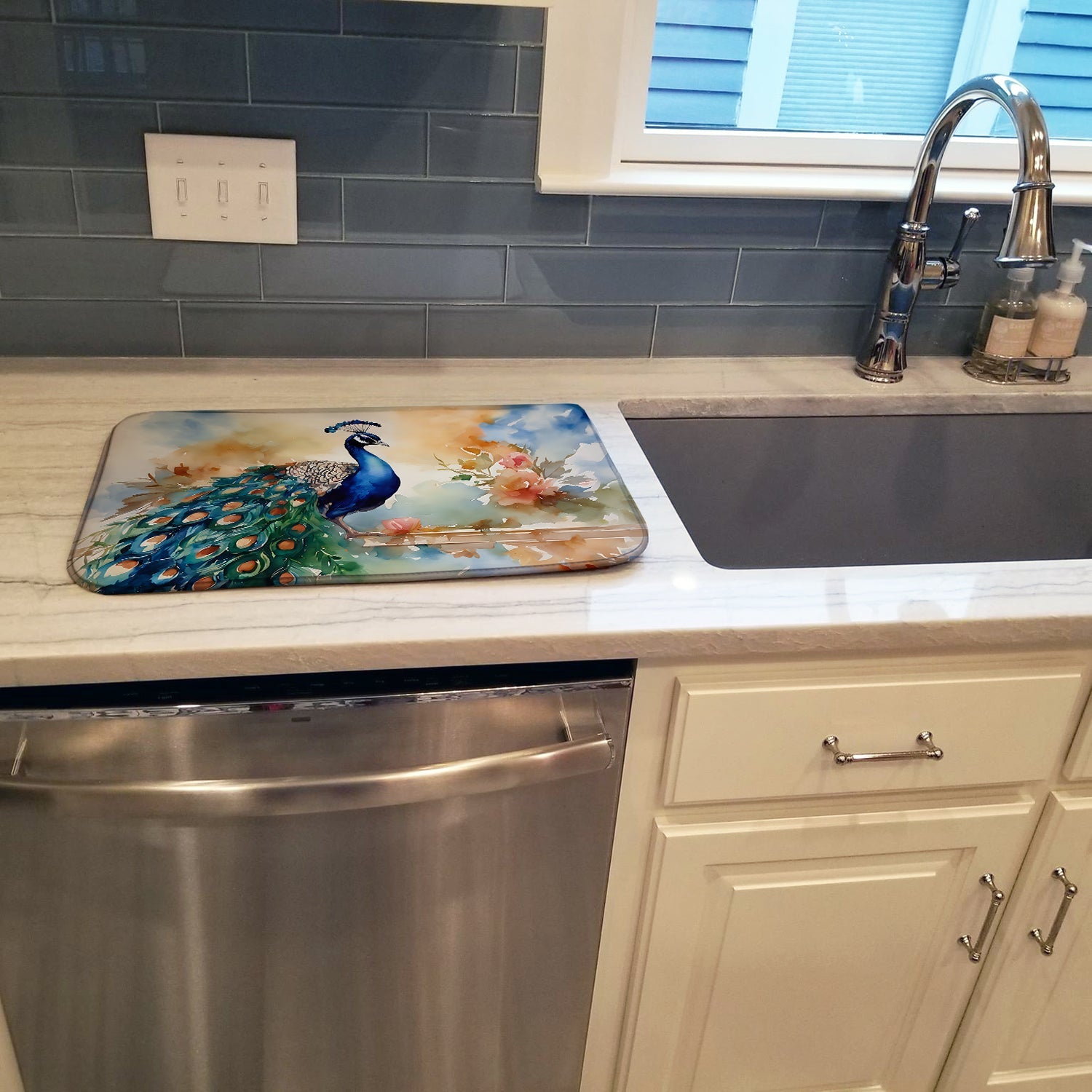 Peacock Tail Feathers Close View Dish Drying Mat Absorbent Dish Drying Mat Pad for Kitchen Counter Dish Drainer Mat for Countertop, 14 x 21", Multicolor
