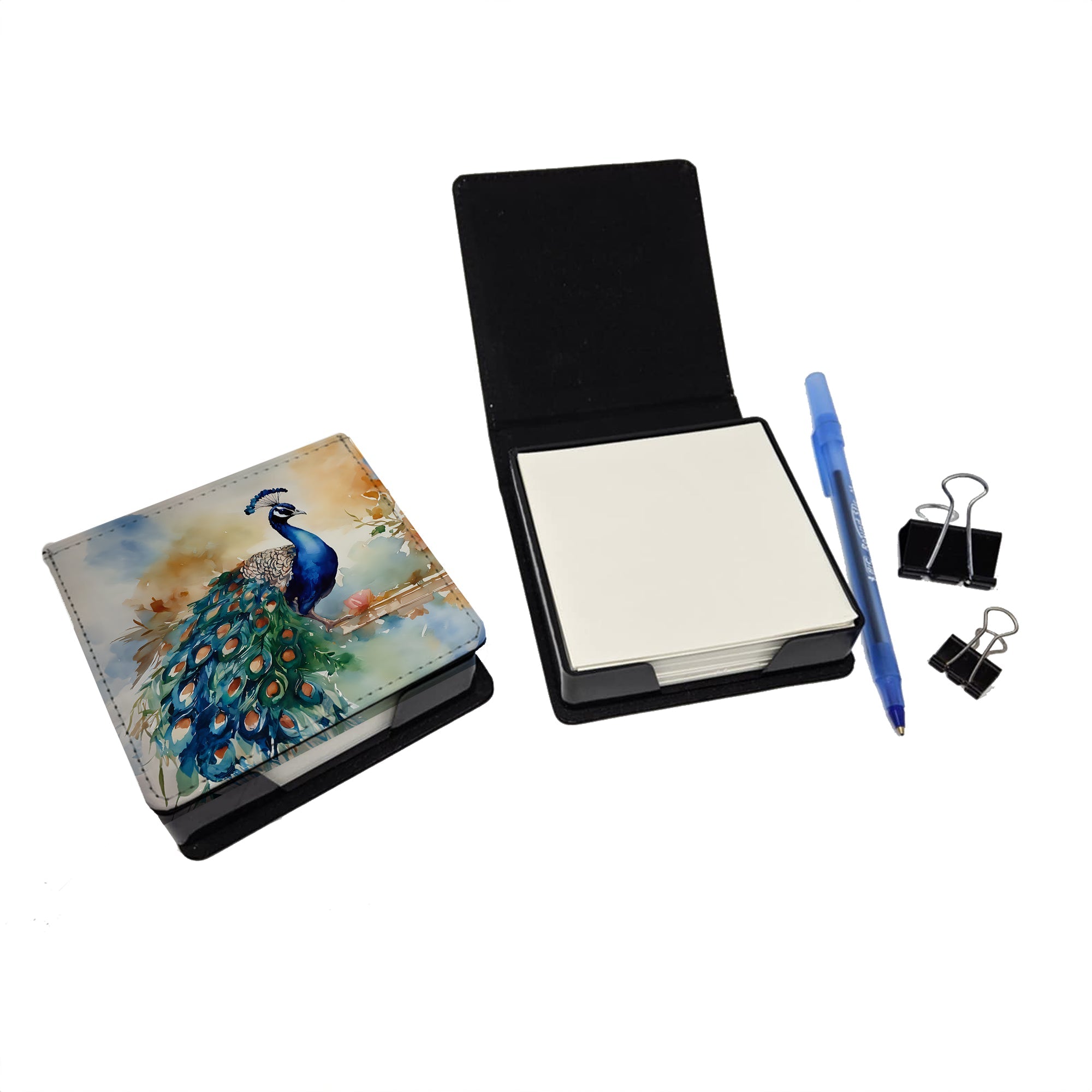 Peacock Tail Feathers Close View PU Leather Note Paper Holder with Artist-Designed Cover, Desk Accessory, Office Gift