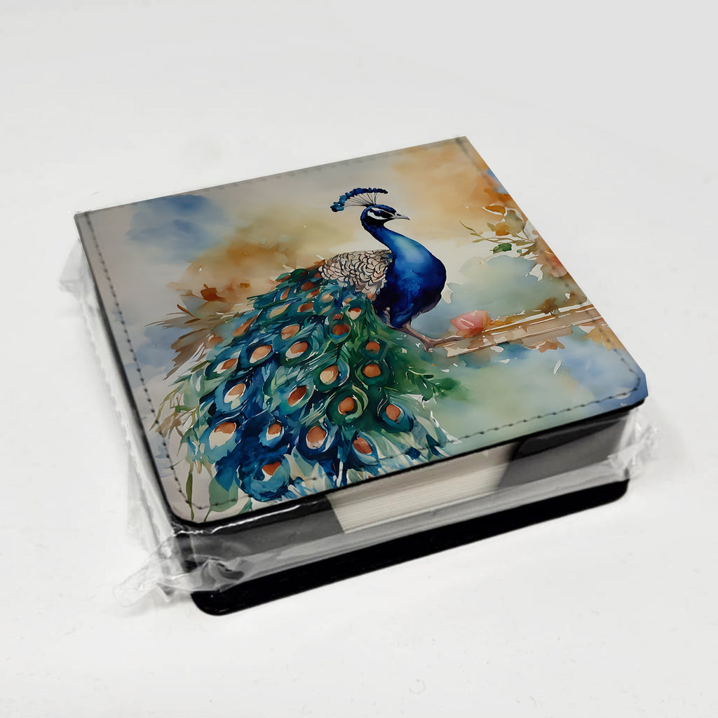 Peacock Tail Feathers Close View PU Leather Note Paper Holder with Artist-Designed Cover, Desk Accessory, Office Gift