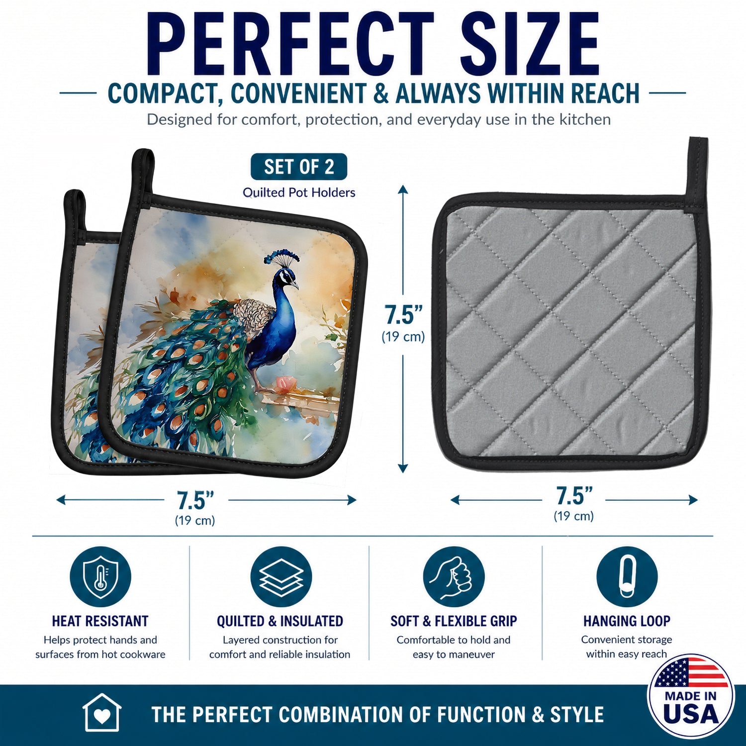 Peacock Tail Feathers Close View Pot Holder Set of 2 Heat Resistant Quilted Hot Pads 7.5 x 7.5 Inch, Insulated Kitchen Trivets for Cooking & Baking