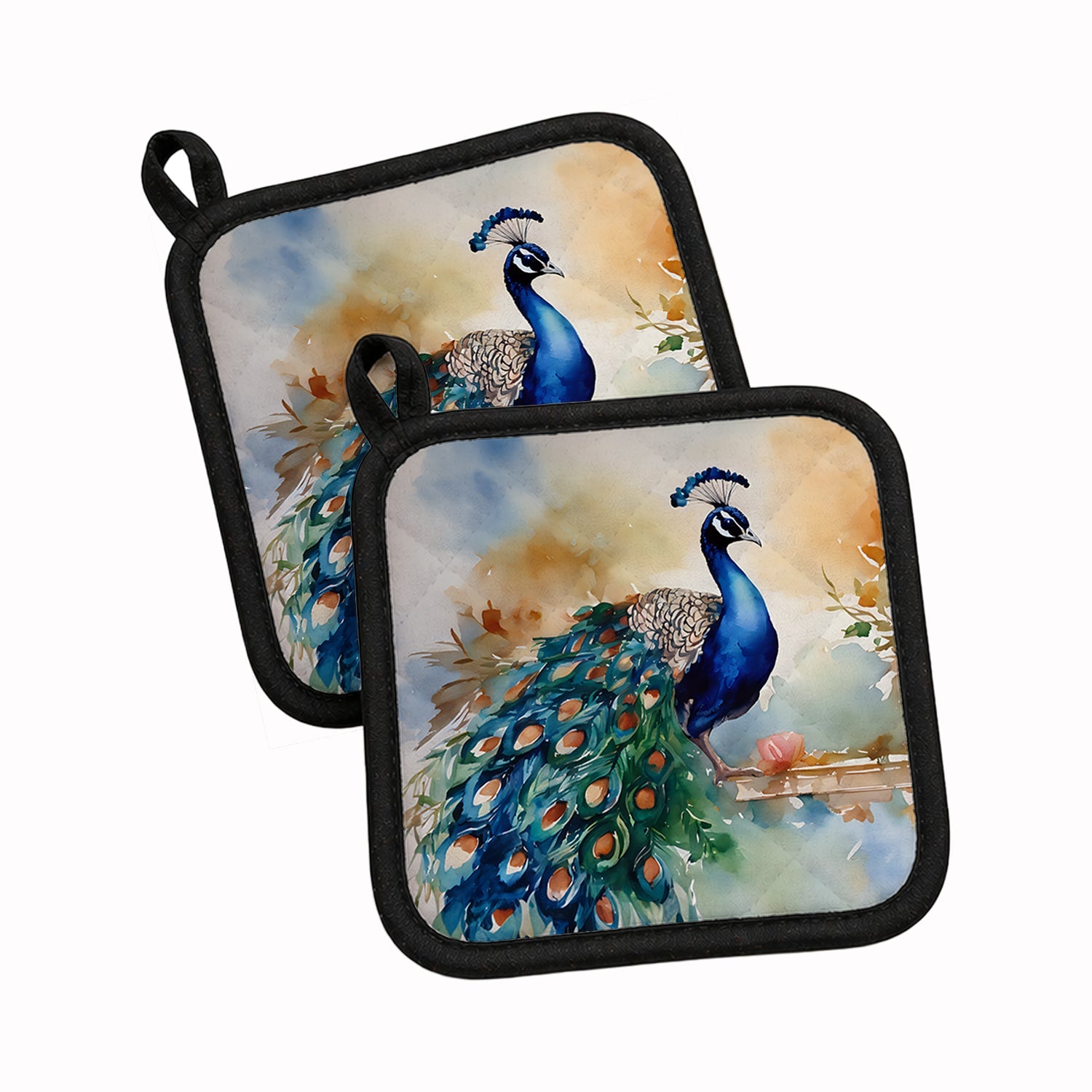 Peacock Tail Feathers Close View Pot Holder Set of 2 Heat Resistant Quilted Hot Pads 7.5 x 7.5 Inch, Insulated Kitchen Trivets for Cooking & Baking