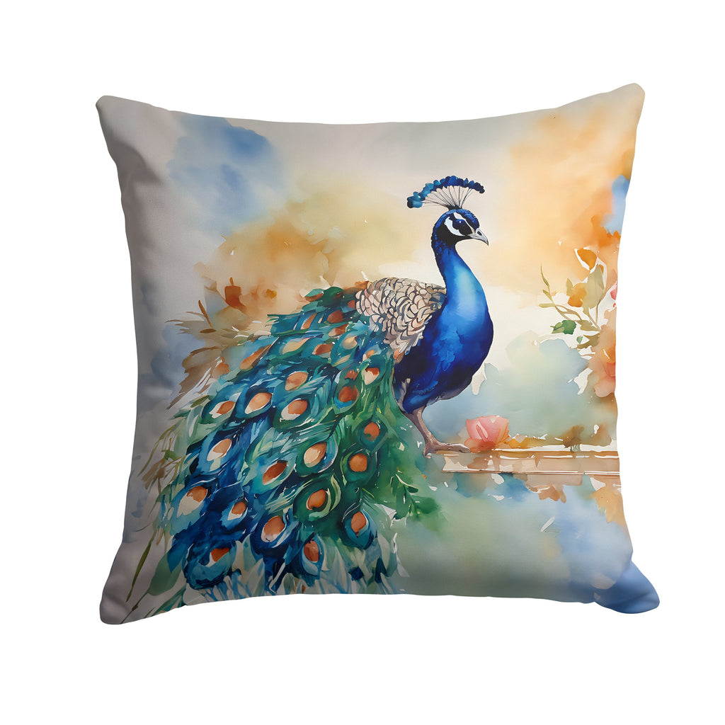 Peacock Tail Feathers Close View Decorative Throw Pillow 14x14 Indoor Outdoor Accent Cushion, Fabric Cover with Insert for Sofa, Bed, Porch & Living Room