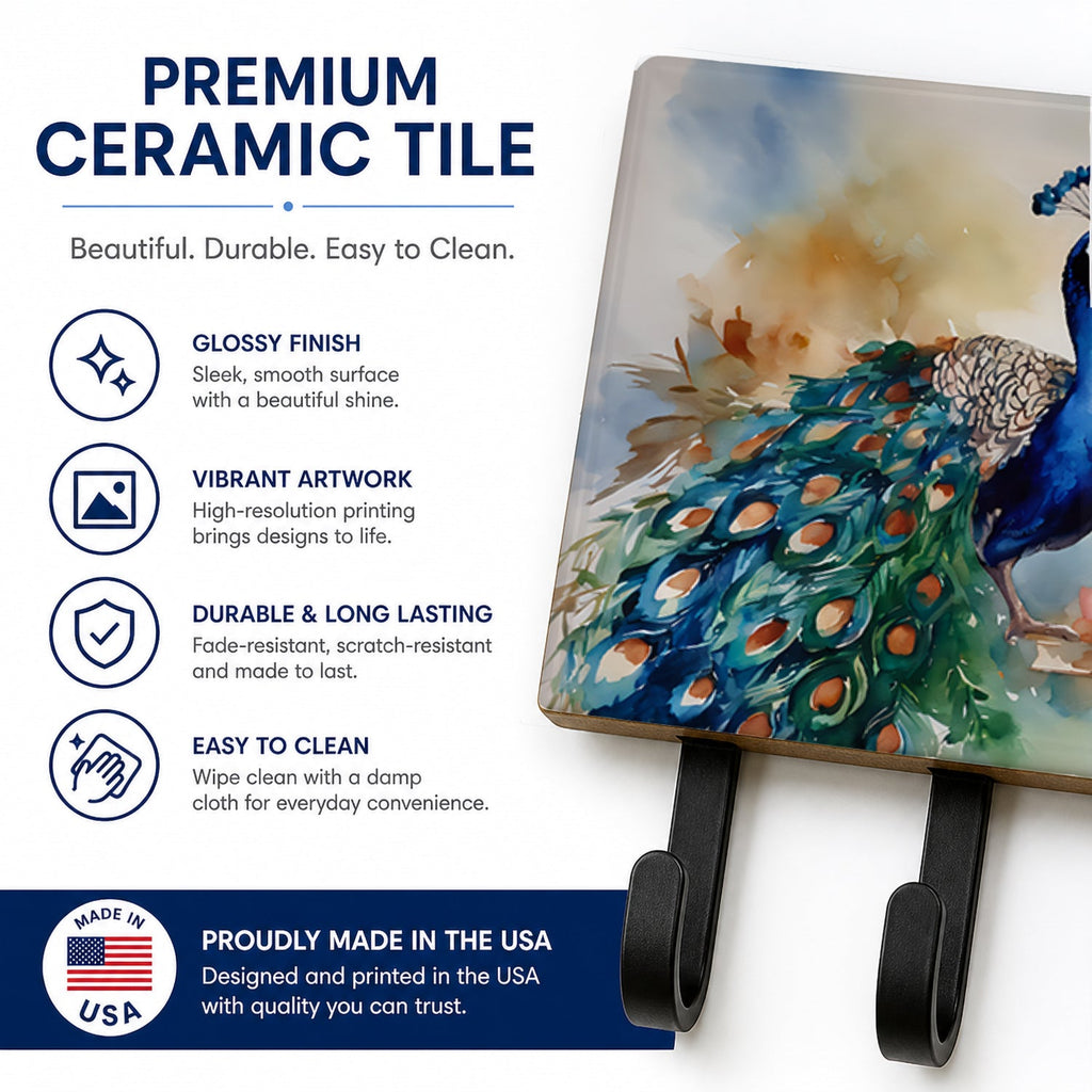 Peacock Tail Feathers Close View Leash or Key Holder Wall Hooks, Coat Rack Wall Mount, for Hanging Keys, Towels, Aprons, Leashes