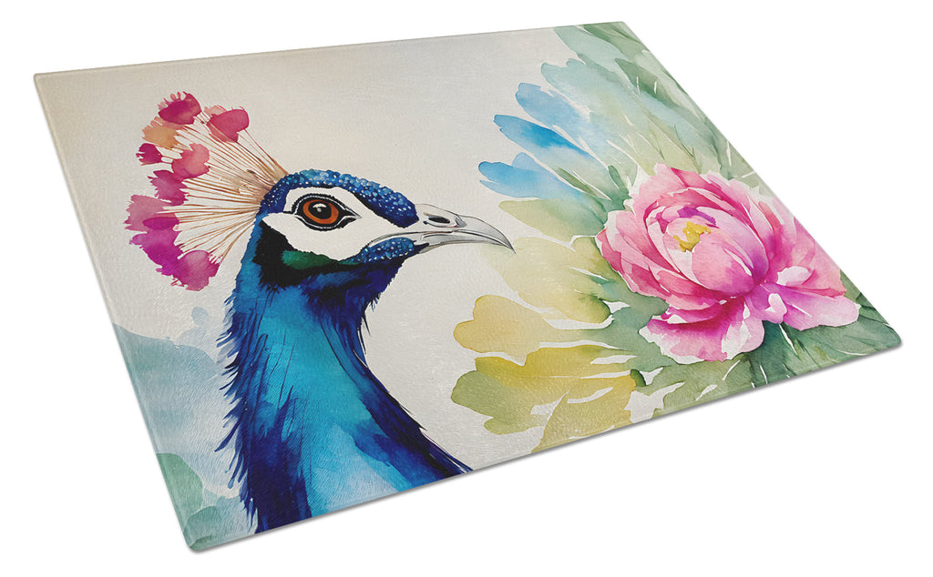 Peacock Portrait with Flower Cutting Board Tempered Glass Kitchen Cutting Surface, Heat Resistant Chopping, Non-Slip Feet, Food Prep & Serving