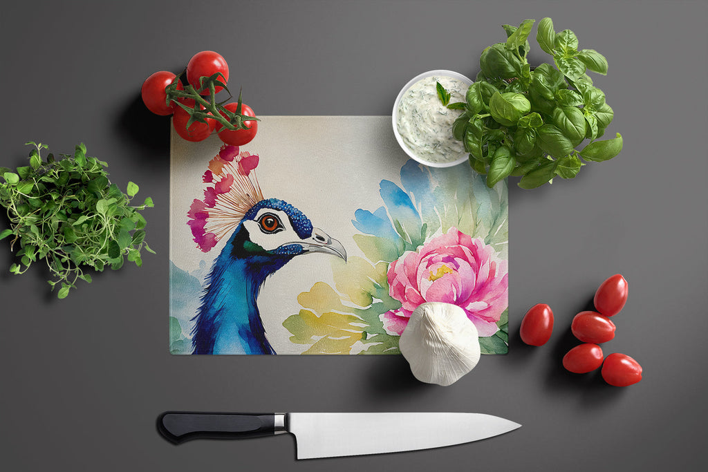 Peacock Portrait with Flower Cutting Board Tempered Glass Kitchen Cutting Surface, Heat Resistant Chopping, Non-Slip Feet, Food Prep & Serving