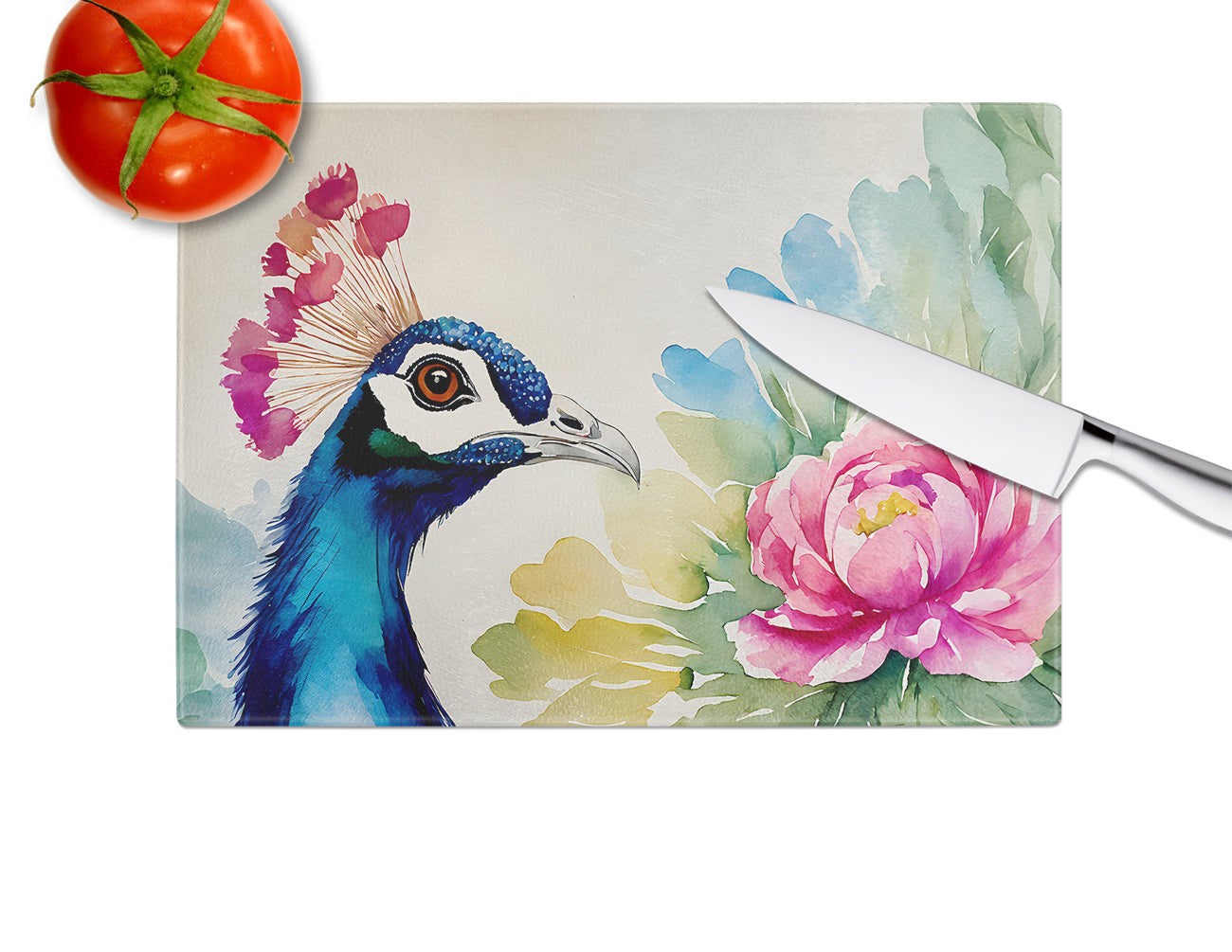 Peacock Portrait with Flower Cutting Board Tempered Glass Kitchen Cutting Surface, Heat Resistant Chopping, Non-Slip Feet, Food Prep & Serving