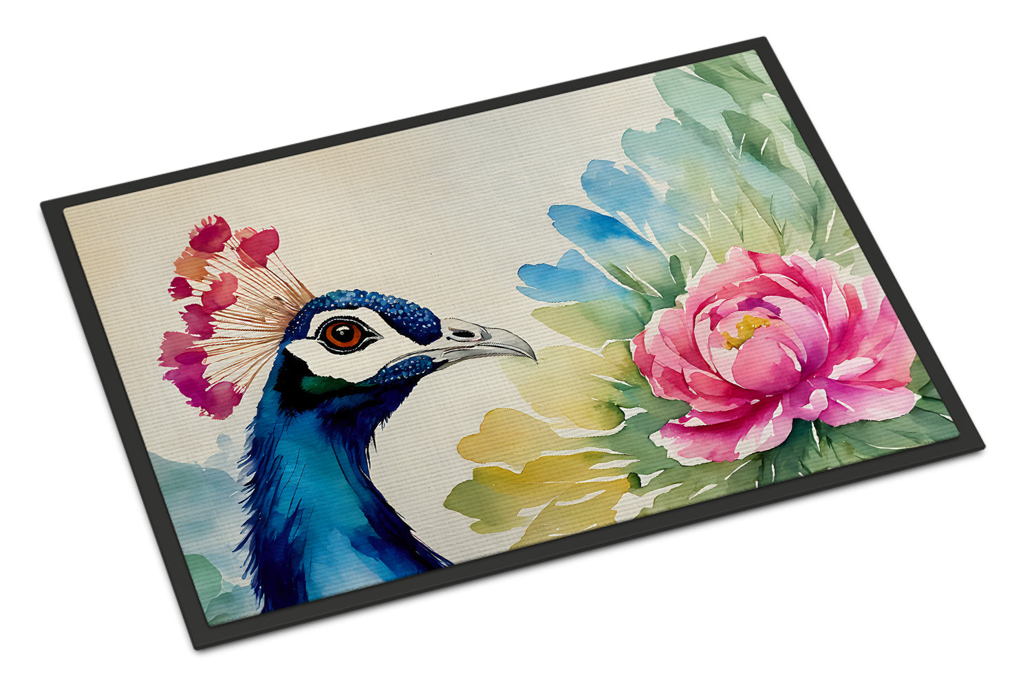 Peacock Portrait with Flower Doormat Indoor Outdoor 18H X 27W Front Door Mat Rugs for Entryway, Non Slip Washable