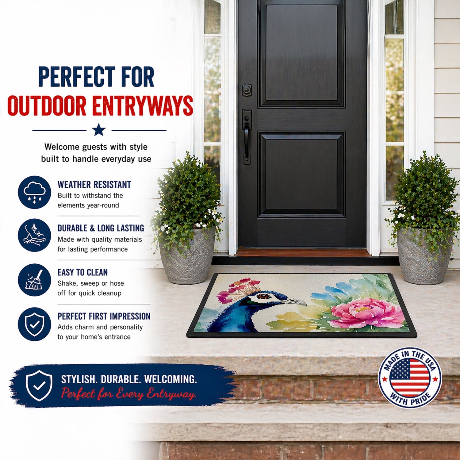 Peacock Portrait with Flower Doormat Indoor Outdoor 18H X 27W Front Door Mat Rugs for Entryway, Non Slip Washable