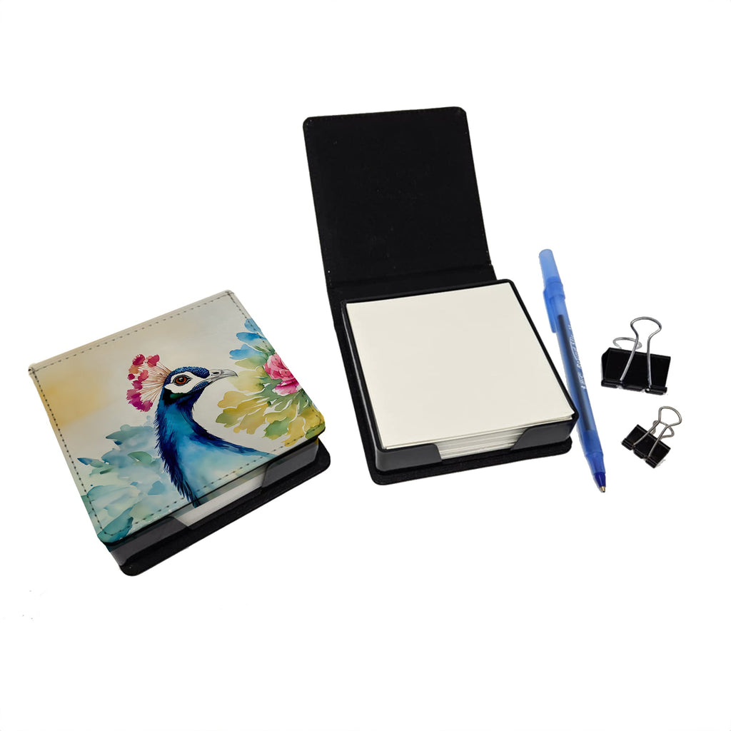 Peacock Portrait with Flower PU Leather Note Paper Holder with Artist-Designed Cover, Desk Accessory, Office Gift