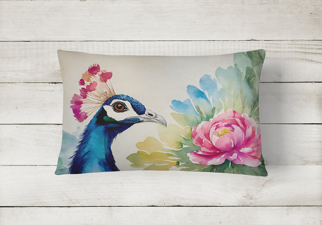 Peacock Portrait with Flower Decorative Throw Pillow 12x16 Indoor Outdoor Accent Cushion, Fabric Cover with Insert for Sofa, Bed, Porch & Living Room