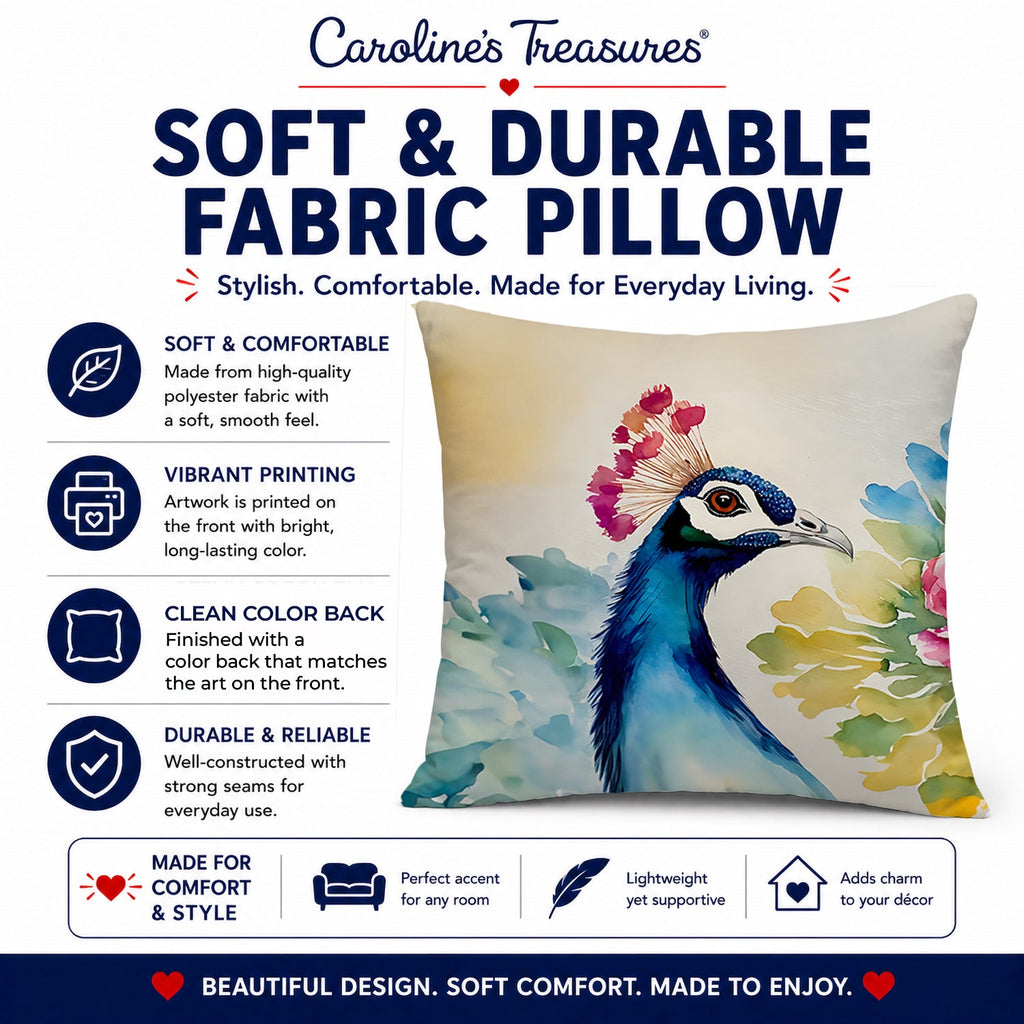 Peacock Portrait with Flower Decorative Throw Pillow 14x14 Indoor Outdoor Accent Cushion, Fabric Cover with Insert for Sofa, Bed, Porch & Living Room