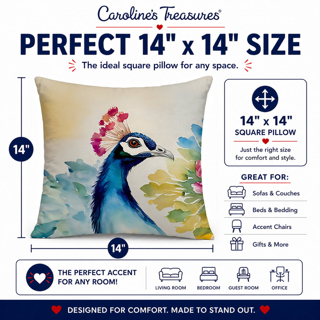 Peacock Portrait with Flower Decorative Throw Pillow 14x14 Indoor Outdoor Accent Cushion, Fabric Cover with Insert for Sofa, Bed, Porch & Living Room