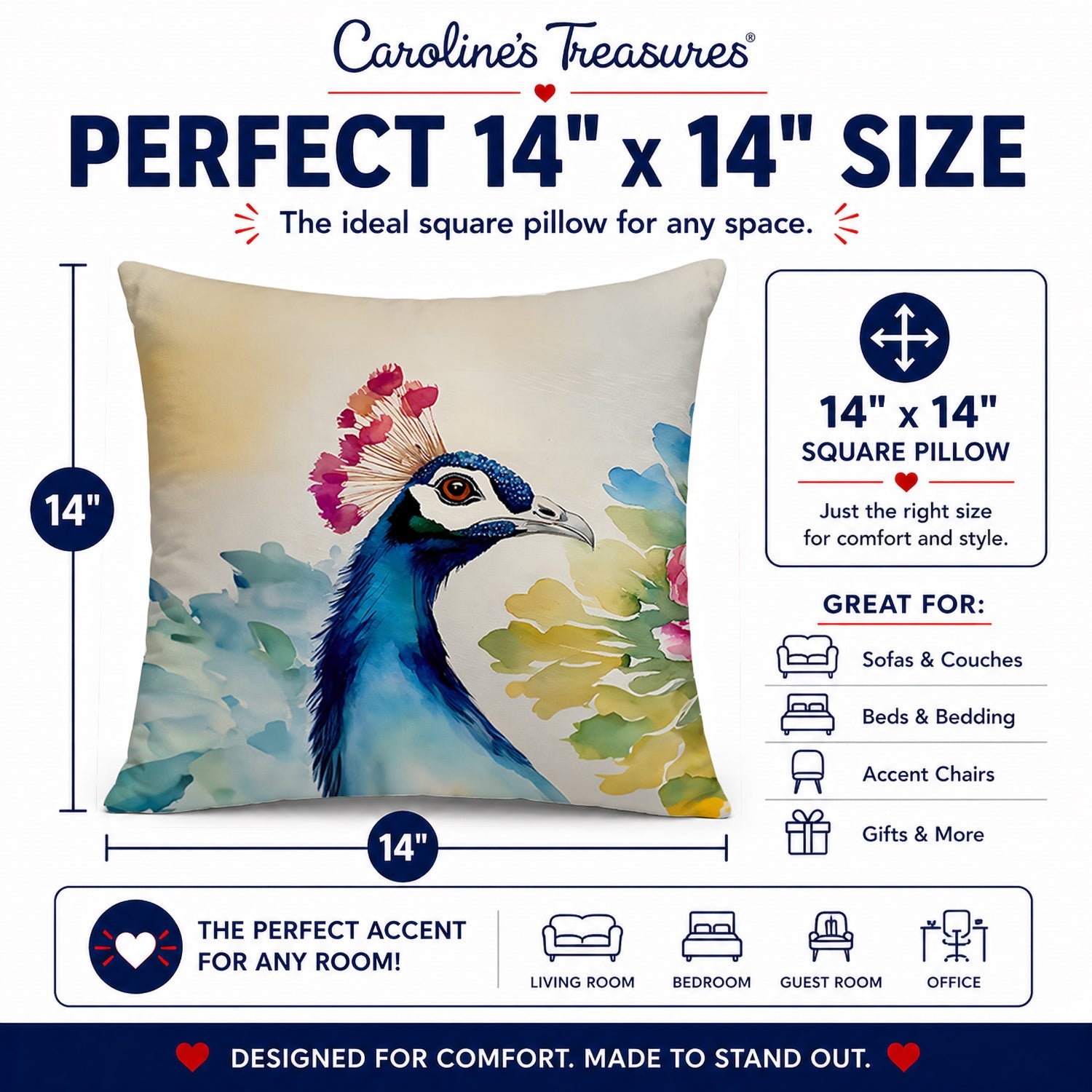 Peacock Portrait with Flower Decorative Throw Pillow 14x14 Indoor Outdoor Accent Cushion, Fabric Cover with Insert for Sofa, Bed, Porch & Living Room