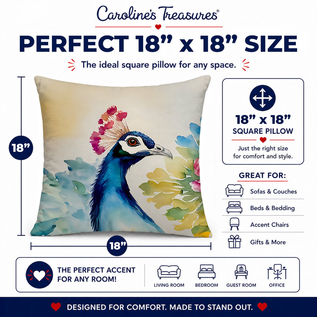 Peacock Portrait with Flower Decorative Throw Pillow 18x18 Indoor Outdoor Accent Cushion, Fabric Cover with Insert for Sofa, Bed, Porch & Living Room
