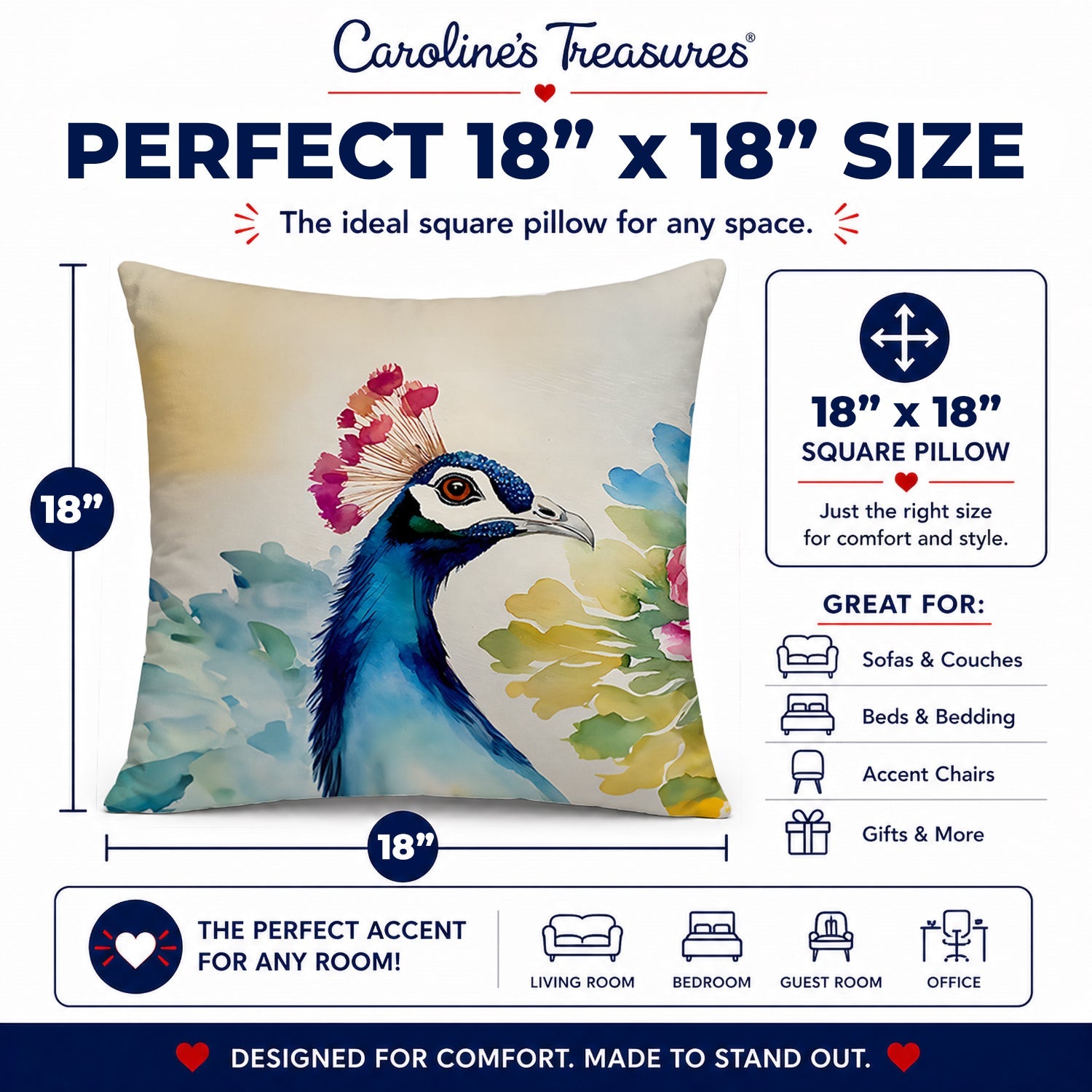 Peacock Portrait with Flower Decorative Throw Pillow 18x18 Indoor Outdoor Accent Cushion, Fabric Cover with Insert for Sofa, Bed, Porch & Living Room