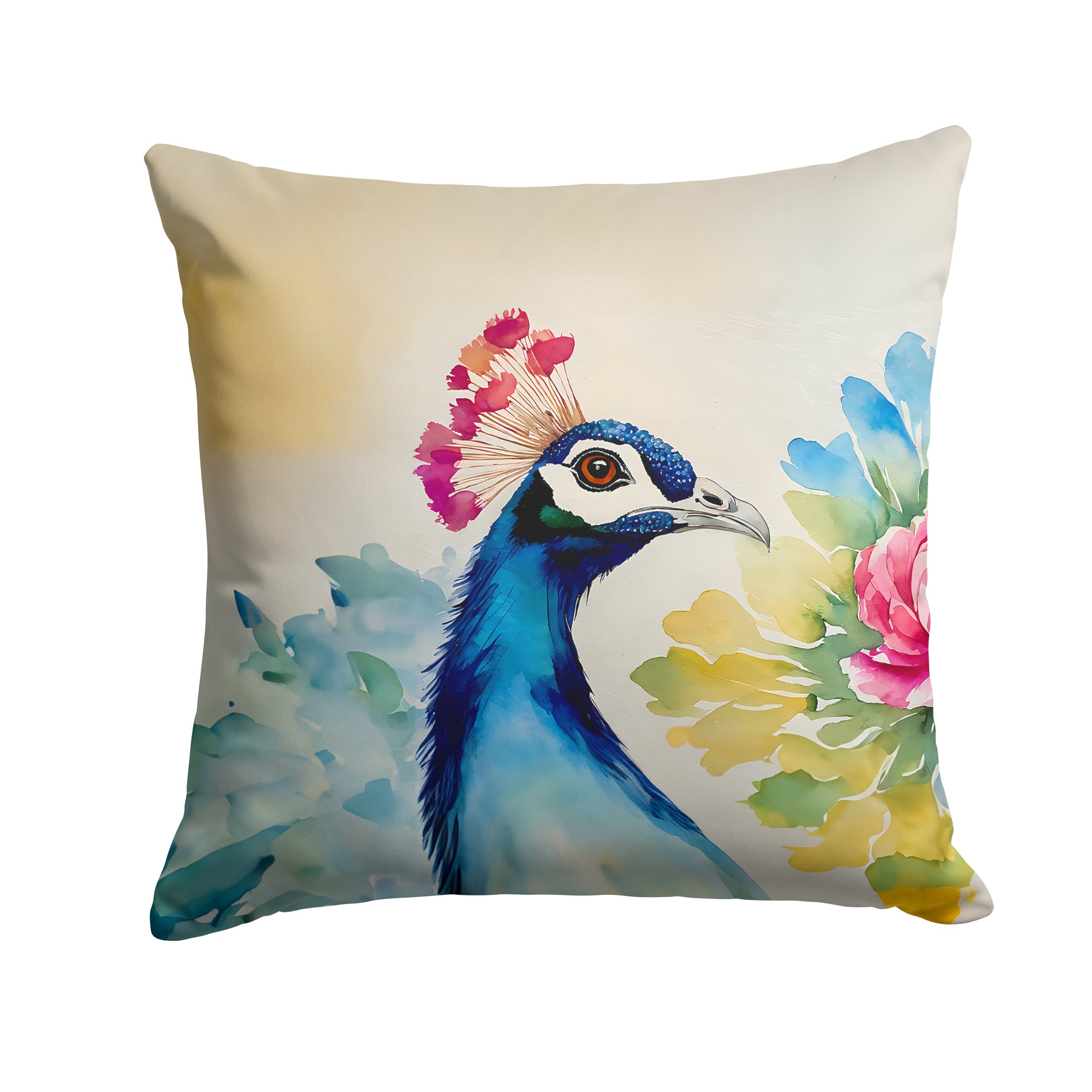 Peacock Portrait with Flower Decorative Throw Pillow 18x18 Indoor Outdoor Accent Cushion, Fabric Cover with Insert for Sofa, Bed, Porch & Living Room