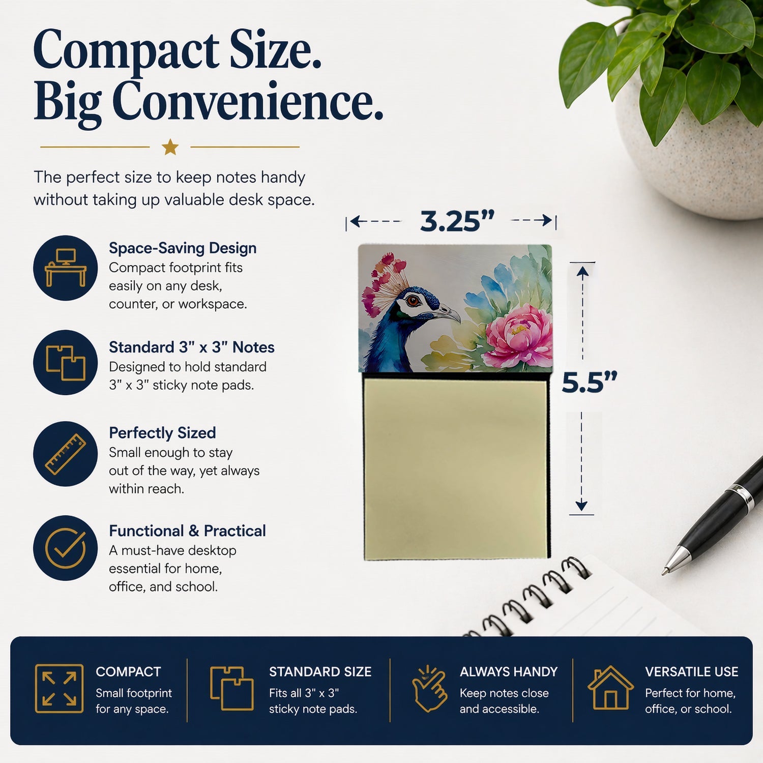 Peacock Portrait with Flower Watercolor Sticky Note Holder Refillable Dispenser Desk Accessory 3x3 Pad Gift