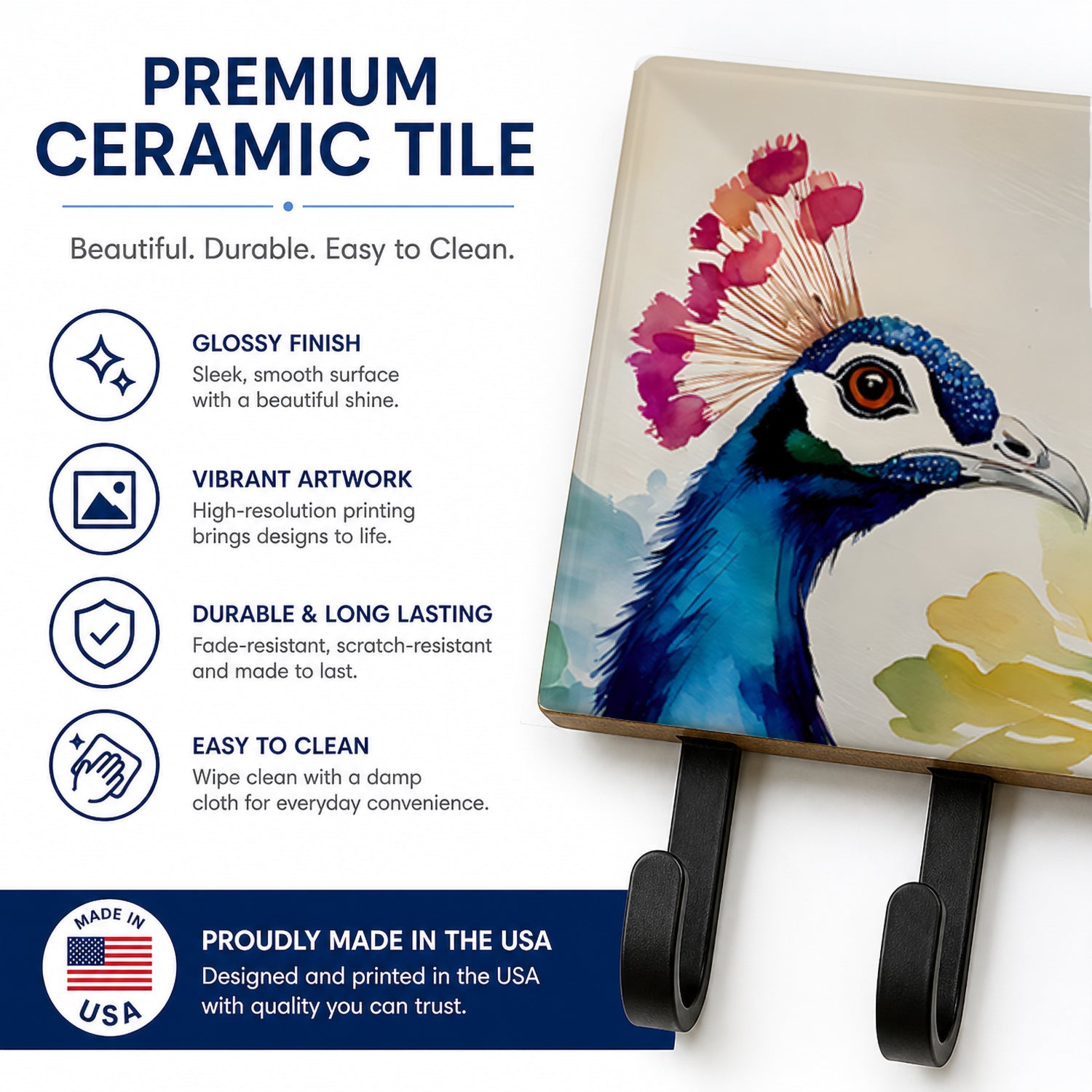 Peacock Portrait with Flower Leash or Key Holder Wall Hooks, Coat Rack Wall Mount, for Hanging Keys, Towels, Aprons, Leashes