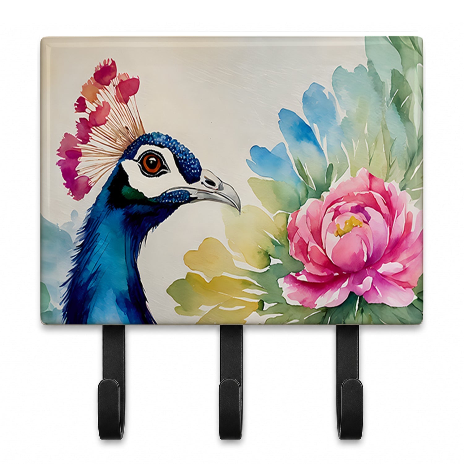 Peacock Portrait with Flower Leash or Key Holder Wall Hooks, Coat Rack Wall Mount, for Hanging Keys, Towels, Aprons, Leashes