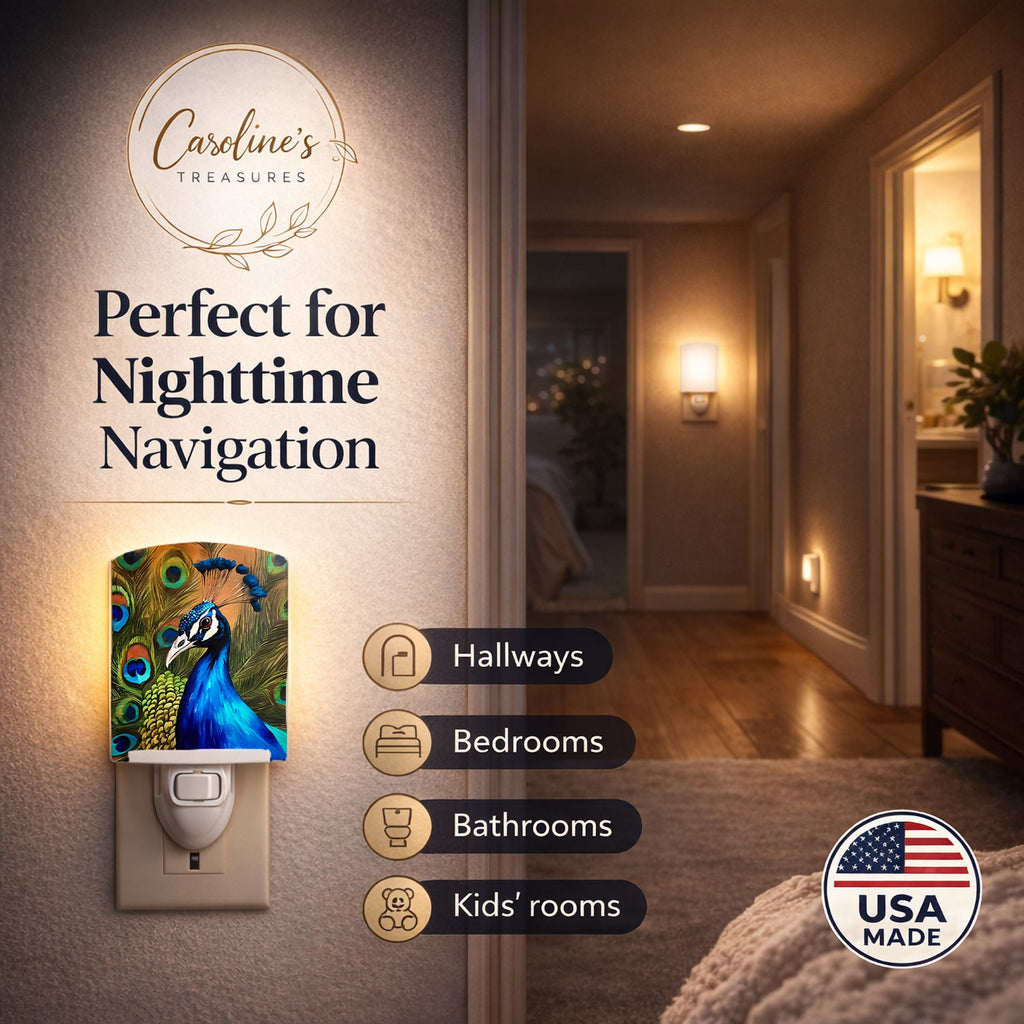 Peacock Face and Feather Detail Ceramic Night Light Compact, UL-Certified, Ideal for Bedroom, Bathroom, Nursery, Hallway, Kitchen, 6x4x3, Multicolor