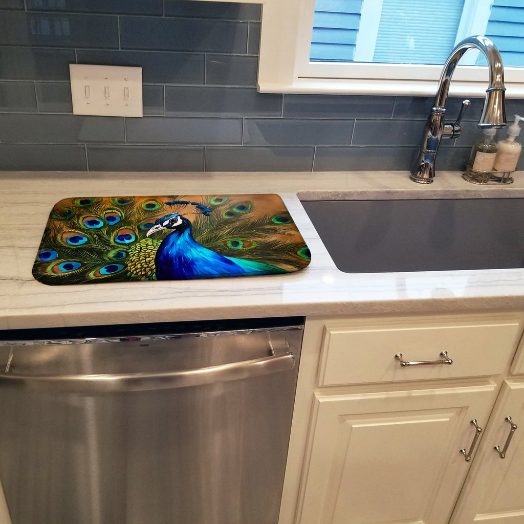 Peacock Face and Feather Detail Dish Drying Mat Absorbent Dish Drying Mat Pad for Kitchen Counter Dish Drainer Mat for Countertop, 14 x 21", Multicolor