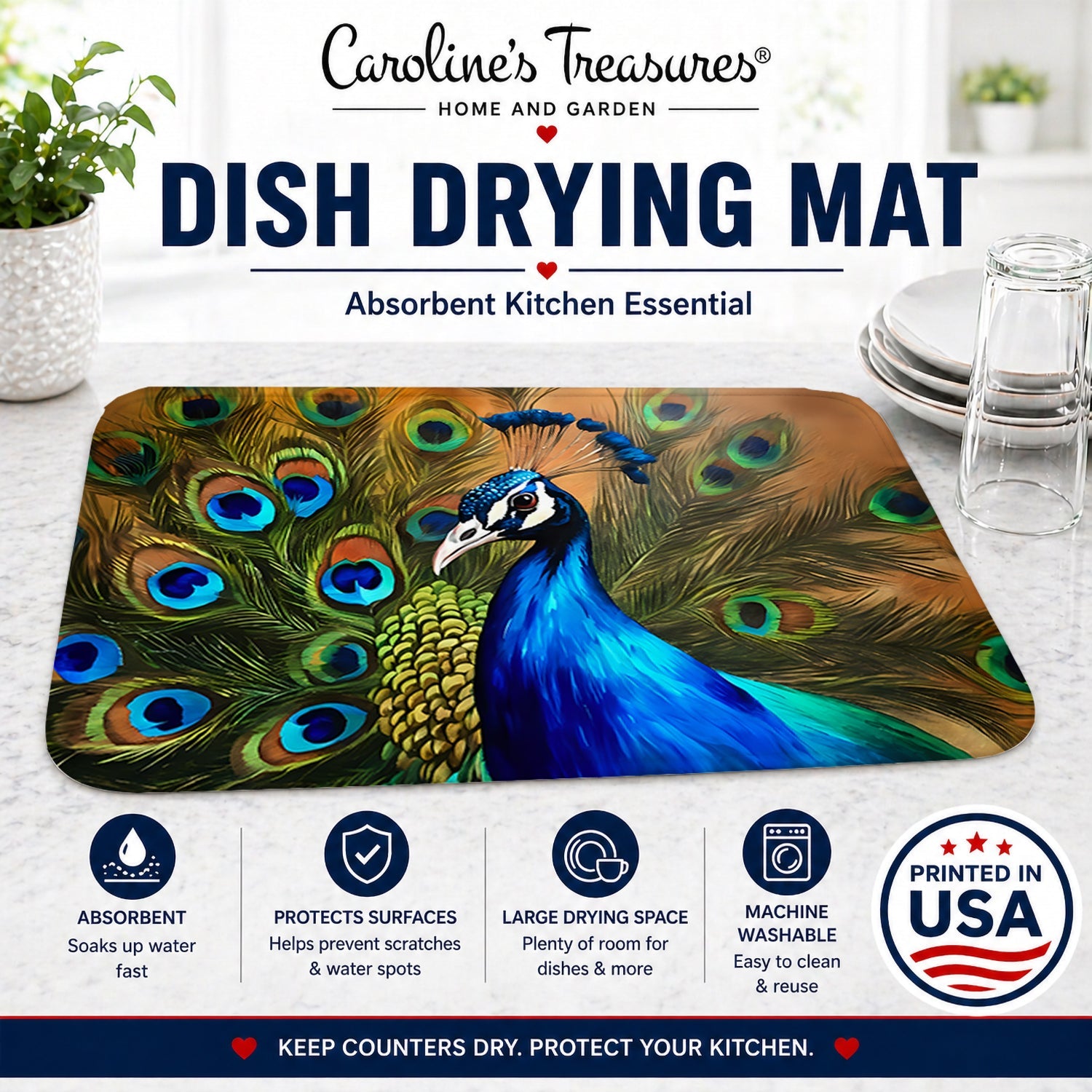 Peacock Face and Feather Detail Dish Drying Mat Absorbent Dish Drying Mat Pad for Kitchen Counter Dish Drainer Mat for Countertop, 14 x 21", Multicolor