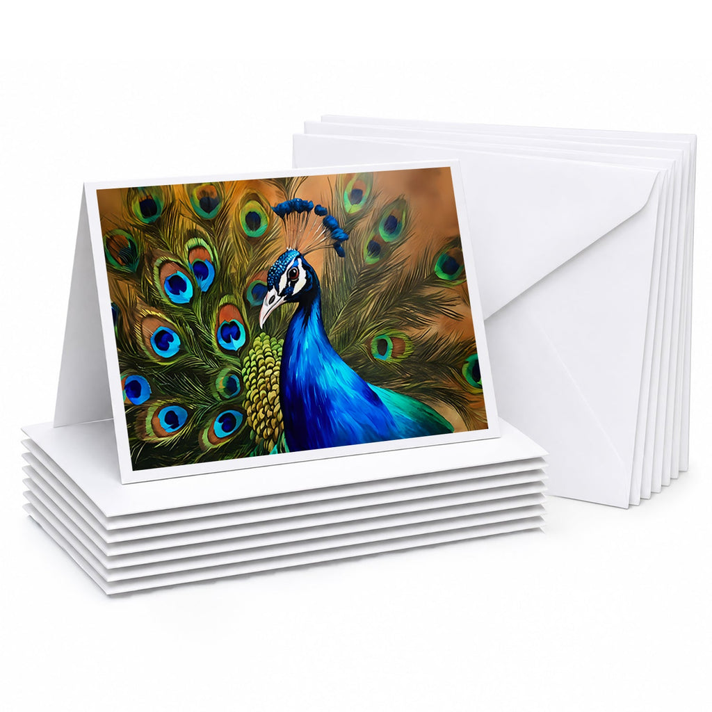 Peacock Face and Feather Detail Greeting Cards Pack of 8 Blank Cards with Envelopes Whimsical A7 Size 5x7