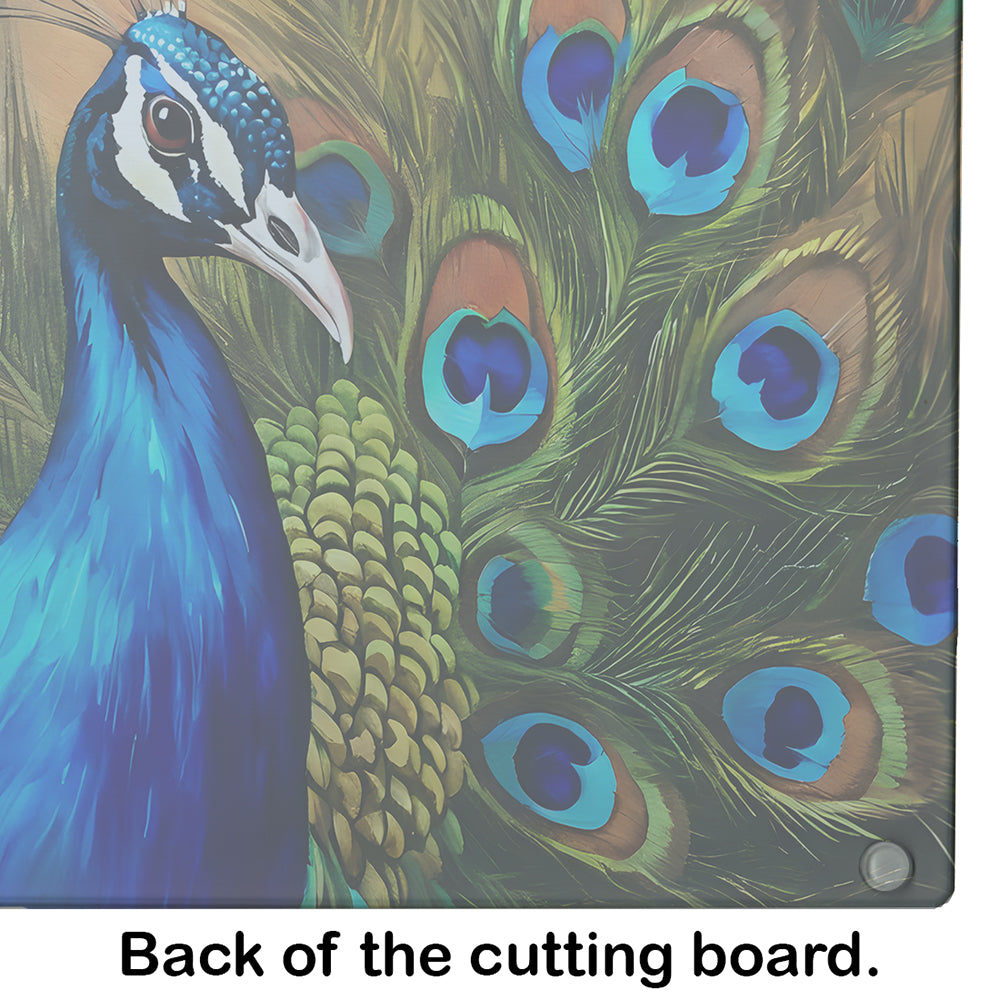 Peacock Face and Feather Detail Cutting Board Tempered Glass Kitchen Cutting Surface, Heat Resistant Chopping, Non-Slip Feet, Food Prep & Serving