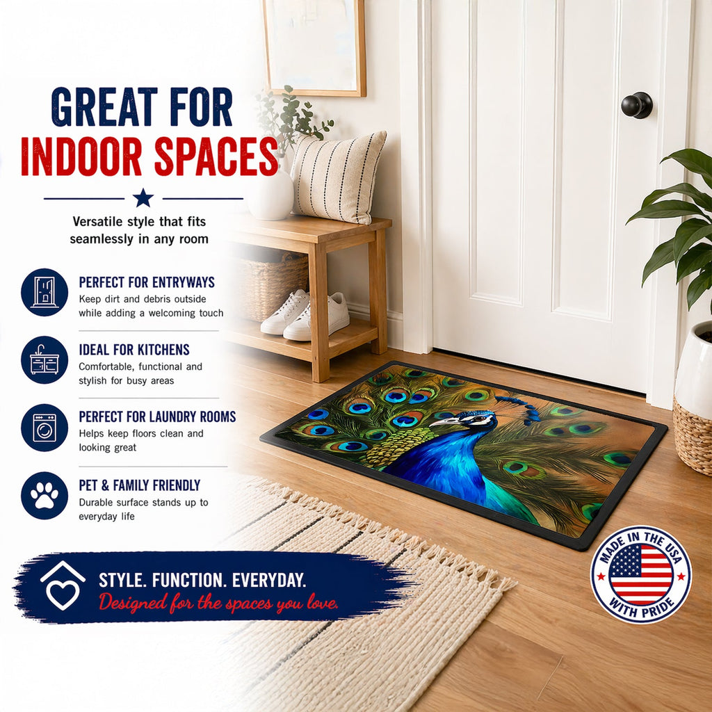 Peacock Face and Feather Detail Doormat Indoor Outdoor 18H X 27W Front Door Mat Rugs for Entryway, Non Slip Washable