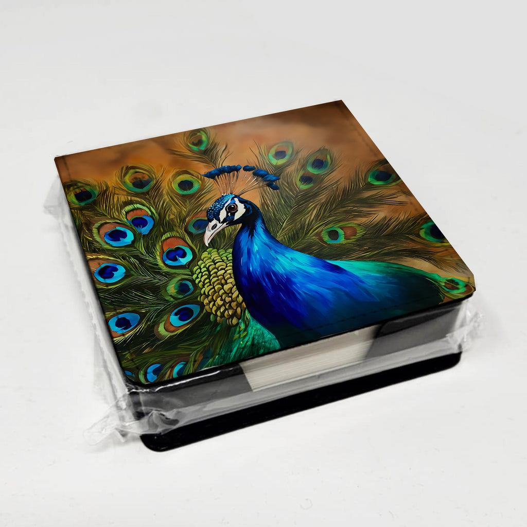 Peacock Face and Feather Detail PU Leather Note Paper Holder with Artist-Designed Cover, Desk Accessory, Office Gift