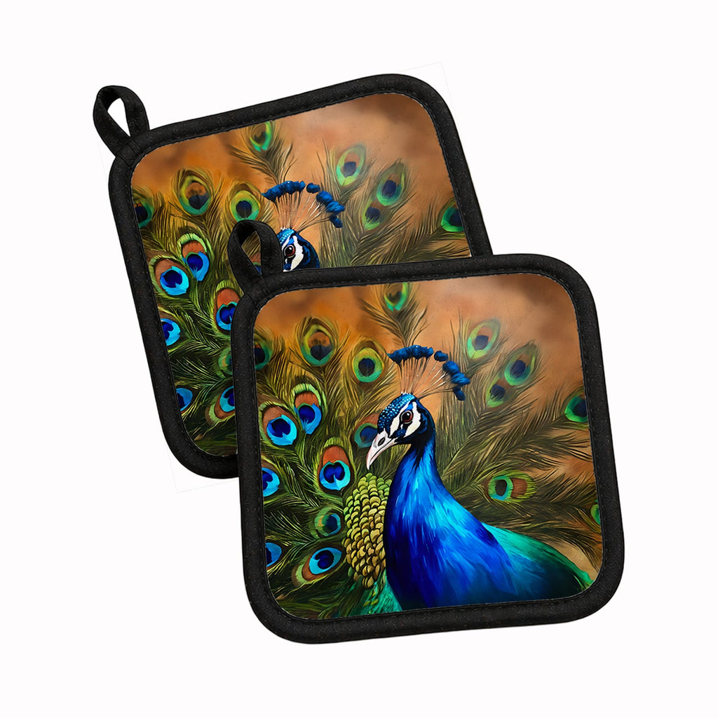 Peacock Face and Feather Detail Pot Holder Set of 2 Heat Resistant Quilted Hot Pads 7.5 x 7.5 Inch, Insulated Kitchen Trivets for Cooking & Baking