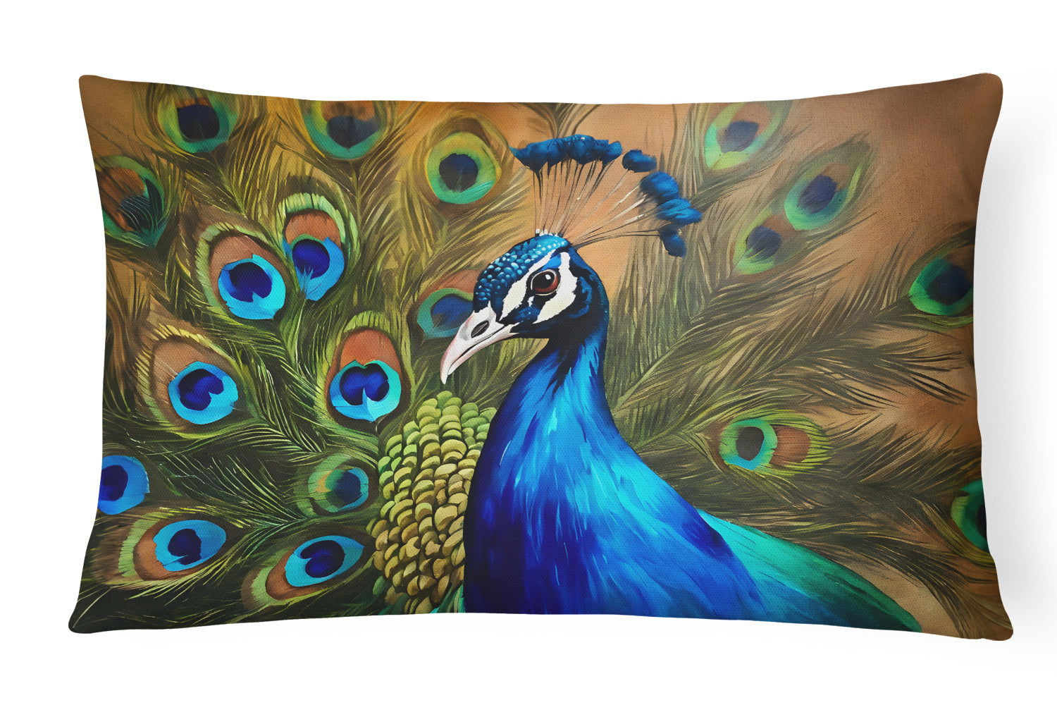 Peacock Face and Feather Detail Decorative Throw Pillow 12x16 Indoor Outdoor Accent Cushion, Fabric Cover with Insert for Sofa, Bed, Porch & Living Room