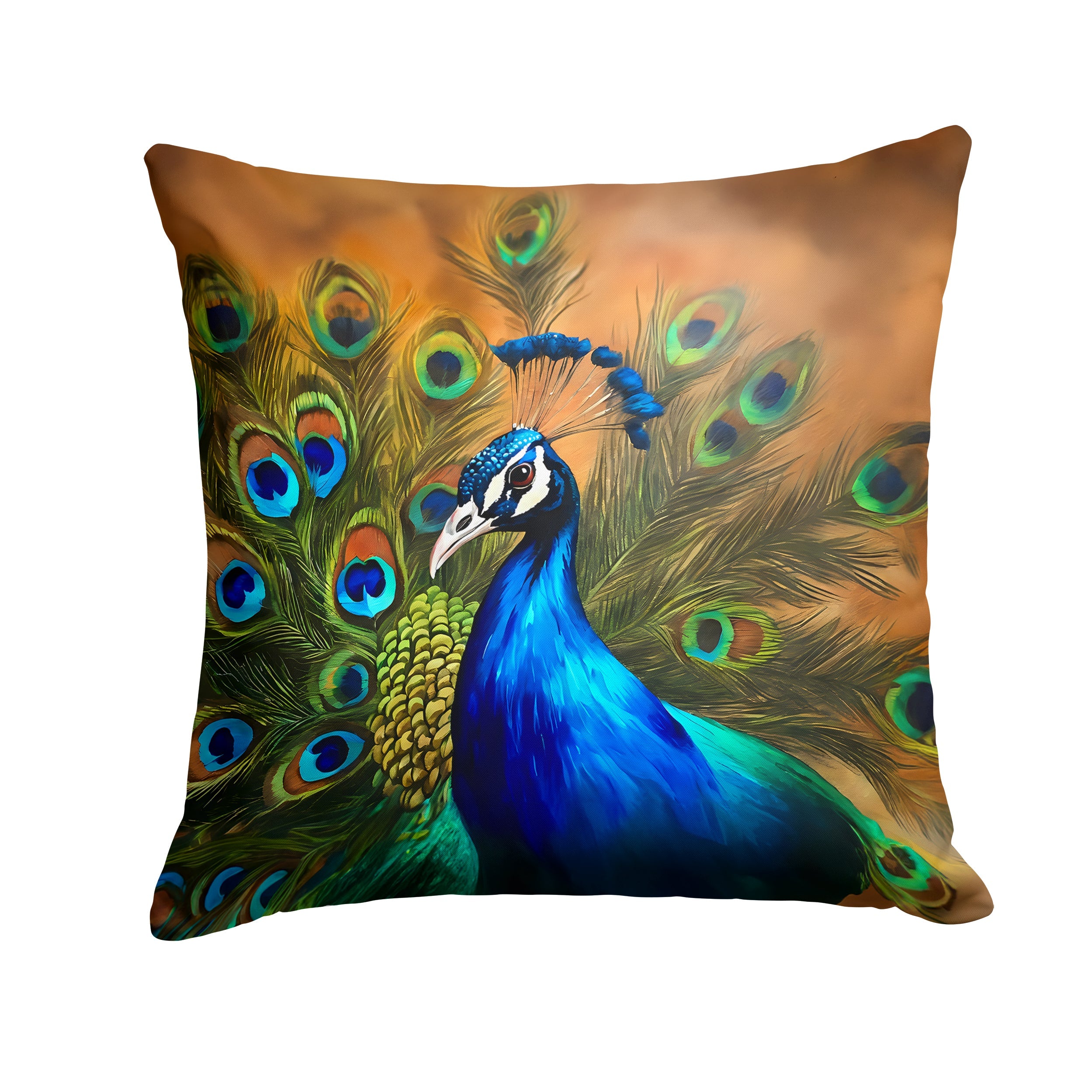 Peacock Face and Feather Detail Decorative Throw Pillow 14x14 Indoor Outdoor Accent Cushion, Fabric Cover with Insert for Sofa, Bed, Porch & Living Room