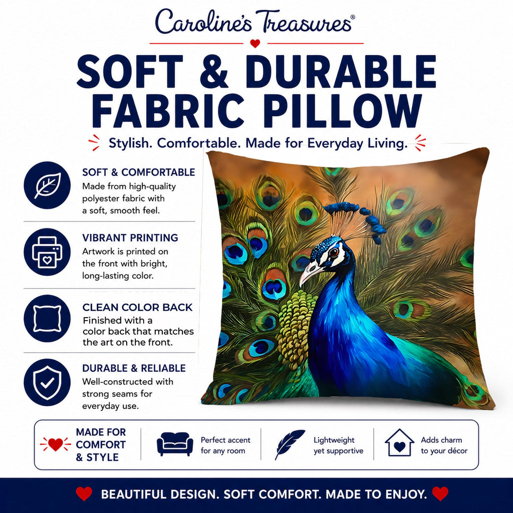 Peacock Face and Feather Detail Decorative Throw Pillow 18x18 Indoor Outdoor Accent Cushion, Fabric Cover with Insert for Sofa, Bed, Porch & Living Room